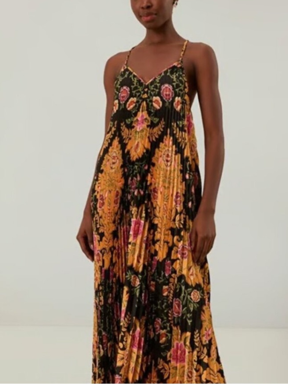 Farm Rio Arabesque Floral Black pleated sleeveless midi dress Size M NEW - Picture 2 of 5